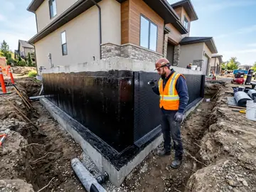 Exterior below-grade stem wall sealed with elastomeric rubberized asphalt membrane and dimple board