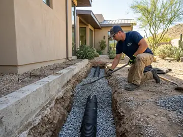 Perforated corrugated French drainage pipe with washed gravel aggregate along foundation trench