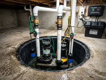 Dual cast-iron submersible sump pumps and brass check valves in heavy-duty polyethylene basin